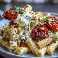 Creamy Baked Feta Pasta with burst cherry tomatoes and fresh basil.