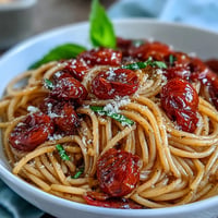 Summery cherry tomato confit pasta with garlic oil, a vibrant Italian main dish.